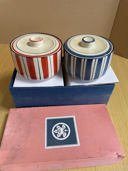 たち吉 蓋つき煮物椀 赤と青ストライプ 2個セット