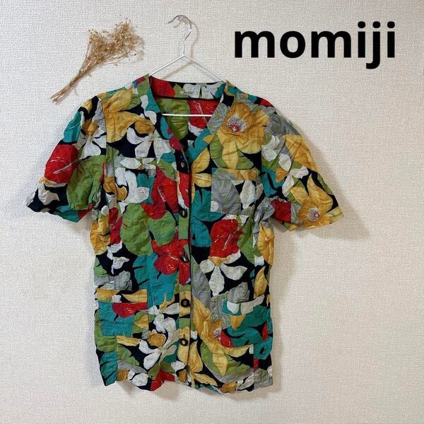 カラフル花柄ボタン付きシャツ momiji アメリカ古着 ヴィンテージ オシャレ もみじ 激レア レア 昭和レトロ USED 派手