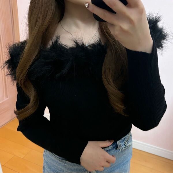 GRL ブラック 長袖ニット トップス グレイル オフショル ファー付き
