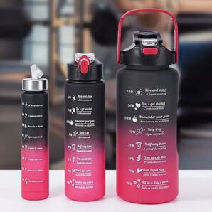 大中小3本セット【ブラック×レッド】グラデーション ウォーターボトル 黒赤 メモリ付き タイムマーカー付き 水筒 お茶入れ 水入れ