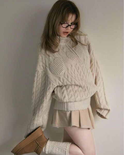 andmary Heart loose knit beige アンドマリー