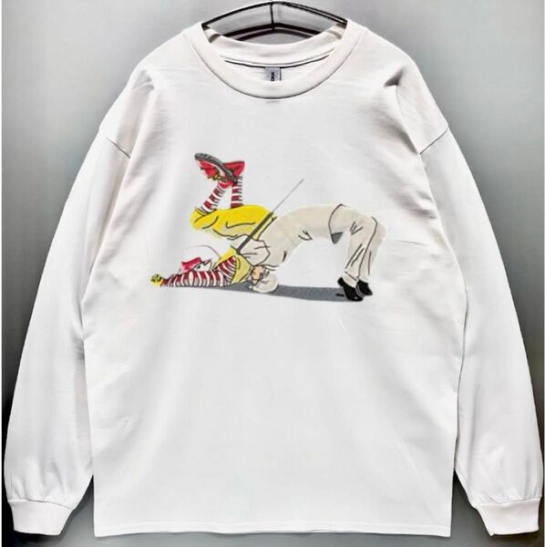 男女兼用 宿命の対決 おもしろ パロディ ネタロンT 長袖Tシャツ/白
