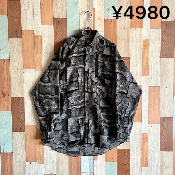 90s 00s vintage 古着 総柄シャツ バンドカラー モード y2k