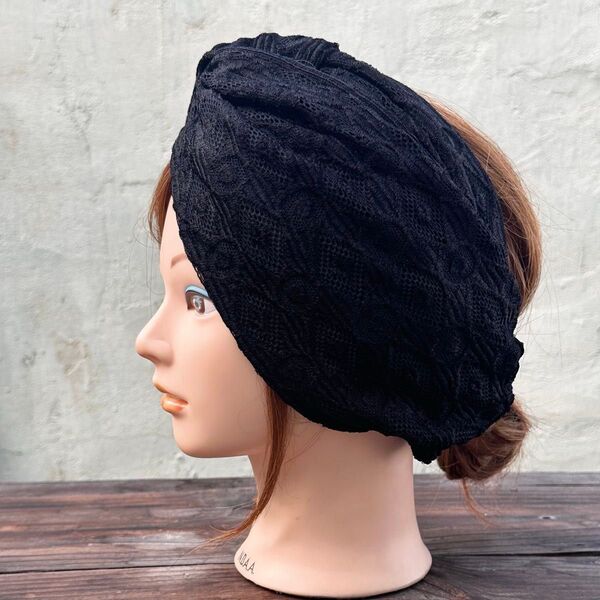 ストレッチレース ゆったりクロスヘアターバン ヘアバンド ブラック