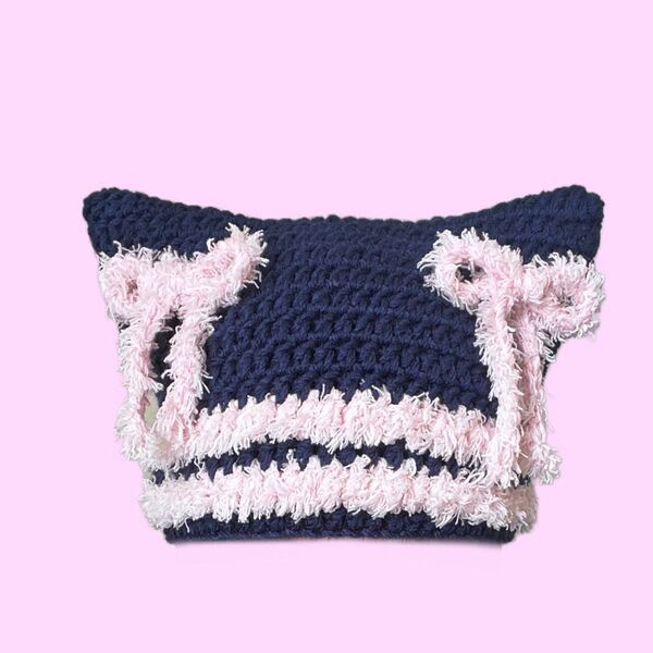 ハンドメイド 猫耳 ねこ耳 ニット帽 リボン y2k バレエコア かぎ編み