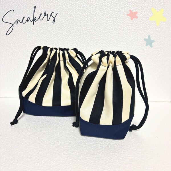 ★ハンドメイド★太ストライプ×ネイビー柄お弁当袋+コップ袋