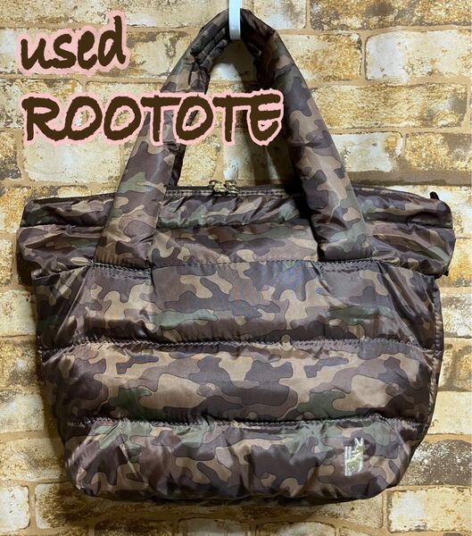 used ROOTOTE フェザールー ミニトートバッグ カモフラ柄 《ルートート》合皮部分に劣化有り 羽毛使用^ ^