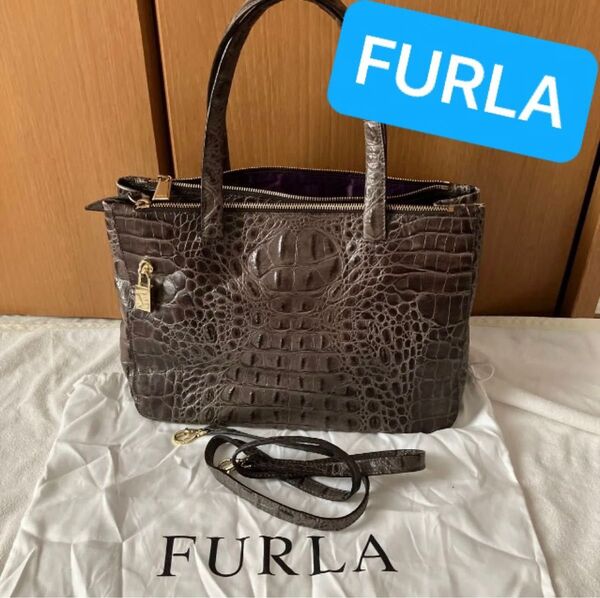 美品☆FURLAフルラ クロコダイル 型押し ワニ革 ハンドバッグ 2way トートバッグ ショルダー