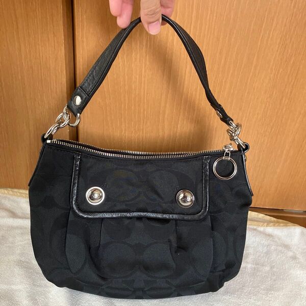美品☆コーチ COACH ハンドバッグ レザー シグネチャー キャンバス バッグ ブラック系 総柄 バッグ