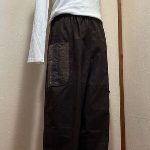 ゆったりワイドパンツ 木綿 大島紬 パッチワーク 茶系 パンツ