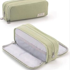 両面開き大容量ペンケース筆箱 多機能 化粧ポーチ 学生 社会人用 抹茶グリーン