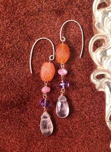 Art hand Auction Sale! K14gf Gold Filled Carnelian Prehnite Amethyst Inca Rose Long Earrings Handmade Colorful, gold, Yellow Gold, Long earrings