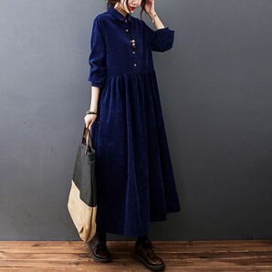 コーデュロイ ブルーXL ロングワンピース 着痩せ