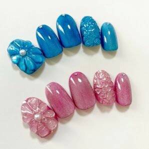 ぷっくりフラワー ネイルチップ ちゅるん キラキラ マグネット ピンク ブルー