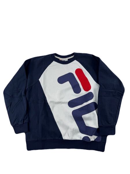 USED FILA ロゴスウェット トレーナー US Mサイズ レディースL程 ネイビー ビッグロゴフィラ スポーツレトロ風 古着