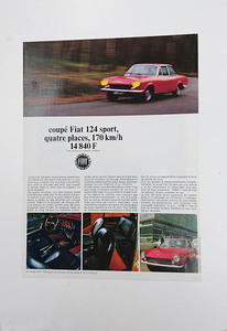 貴重品 1968年 (昭和43年) FIAT 124 Sport フランスの雑誌広告の切り抜き 本物です。フィアット124