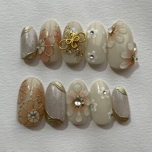 オーダーネイルチップ 振袖ネイル 成人式ネイル 淡色ネイル ぷっくりフラワー