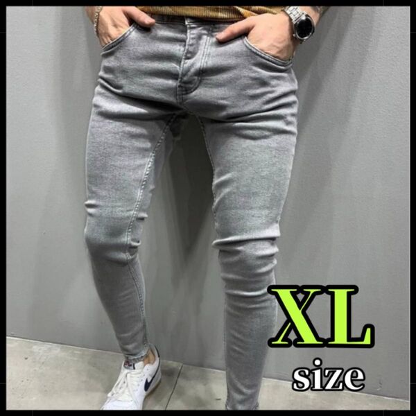 メンズ デニム グレー XL スキニー ストレッチ パンツ ジーパン