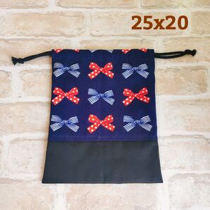 給食袋☆フレンチリボン紺 コップ入れ 巾着袋 ハンドメイド 入園入学