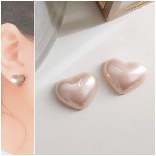 【No.308】 ハンドメイド イヤリング ピアス ノンホール 樹脂 ハート パール アレルギー対応 軽い