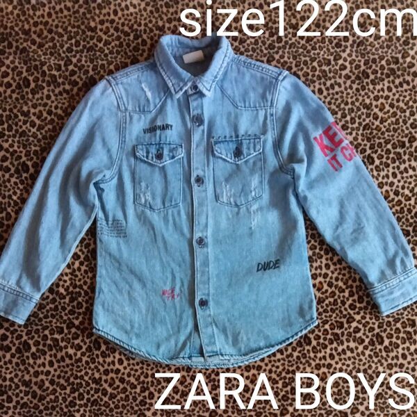 ZARA BOYS ザラ ボーイズ 男の子 キッズ 長袖シャツ ブルー ダメージ デニム 122cm ボタン ライトアウター120