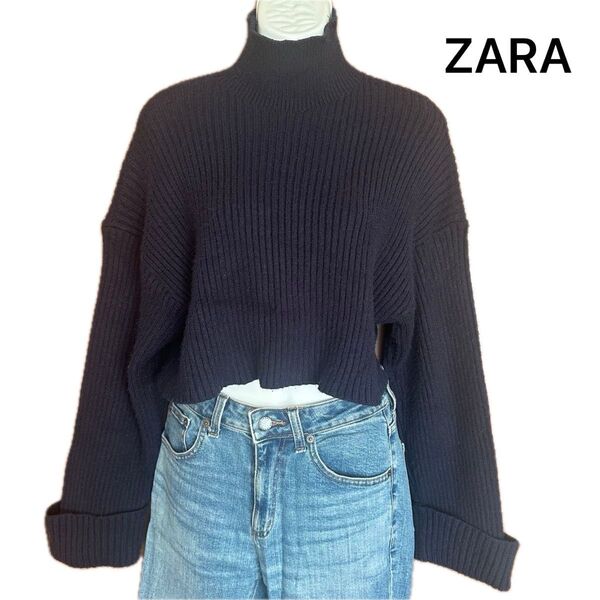 ZARA ザラ ショート丈 クロップド丈 ニット リブ ハイネック ネイビー M