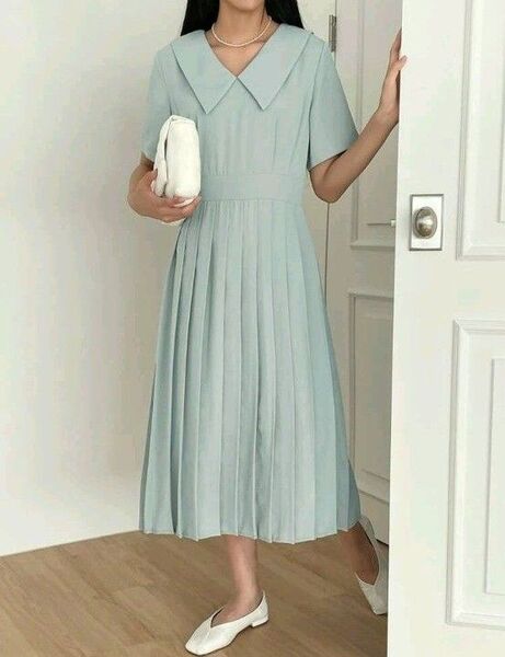 ロングワンピース 半袖 ミントグリーン くすみカラー プリーツ ハイウエスト