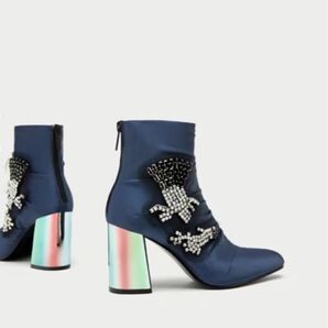 ZARA ビジュー メタリック ハイヒール ショート ブーツ マロノ ショート