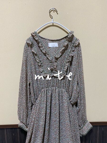 mite ミテ 総柄 花柄 フリル Vネック 長袖 ロング ワンピース ウエストゴム グリーン系 レディース 美品