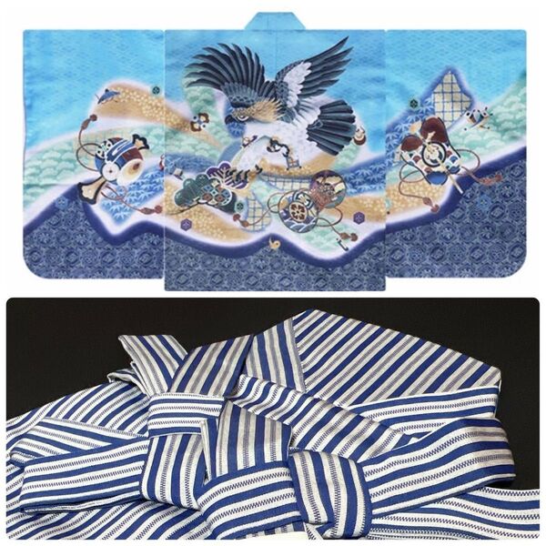 新品【水色鷹×青灰袴】七五三 お正月 節句 こどもの日 男の子 袴 5歳