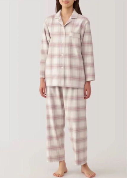 無印良品 新品 婦人 脇に縫い目のない フランネルパジャマ 婦人 L スモーキーピンクチェック パジャマ 長袖