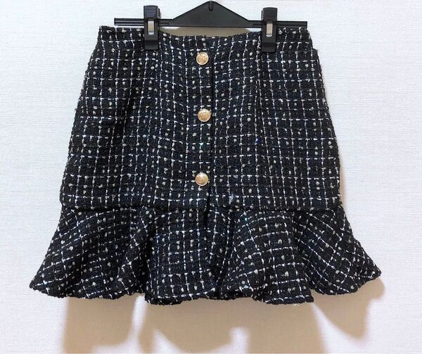 shein ボタンフロント フリル ツイード ミニスカート