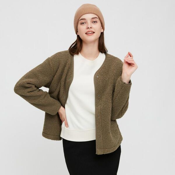 UNIQLO ボアフリースクルーネックカーディガン 長袖 オリーブ カーキ S ユニクロ グリーン 裏起毛 防寒着 ボア フリース