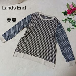Lands End チェック柄 長袖Tシャツ ニット 千鳥格子 ハウンドトゥースM・ランズエンド セーター Tシャツ カットソー