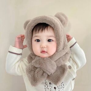 【新品未使用】ふわふわくま耳マフラー くま帽子 韓国子供服 ブラウン