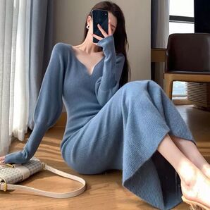 ロングワンピース レディース 長袖 ニット Vネック マーメイド フリル