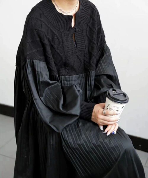 ロングワンピース 長袖 ワンピース 体型カバー きれいめ ブラック ゆったり