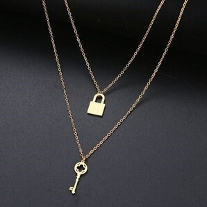 ネックレス キー ゴールド 鍵 南京錠 アレルギー対応 シンプル ダブル ペンダント ファッション ジュエリー 素材 ステンレス 鋼 #C783-2