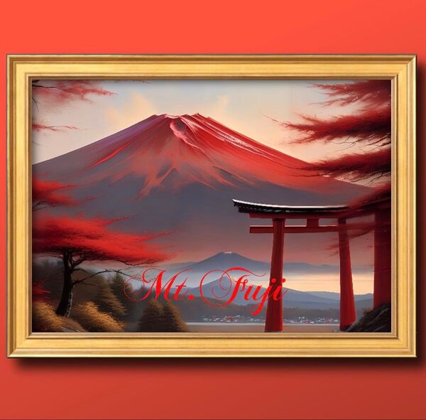 開運をアップの赤富士山 額付き 幸福、ヒーリングを引き寄せる絵画グラフィック
