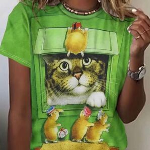 猫とネズミたち♪ 猫柄 半袖Tシャツ Lサイズ