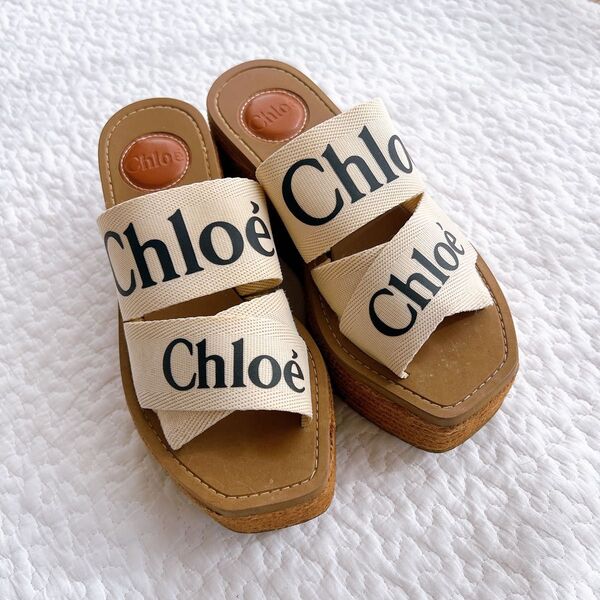 Chloe クロエ Woody ファブリック ウェッジソールサンダル 35 厚底 エスパドリーユ