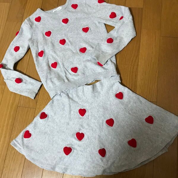 エイチアンドM ハート刺繍付きニットセット 長袖 グレー ニット