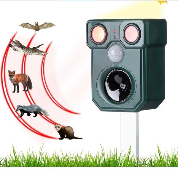 動物よけ、超音波、アラーム音、強力なLED懐中電灯機能、猫よけ、糞害、鳥害、ソーラー充電、USB充電、電池式、IP44防水、防塵