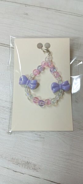 ハンドメイド ビーズ ストラップ チャーム パープル ピンク リボン たまごっち