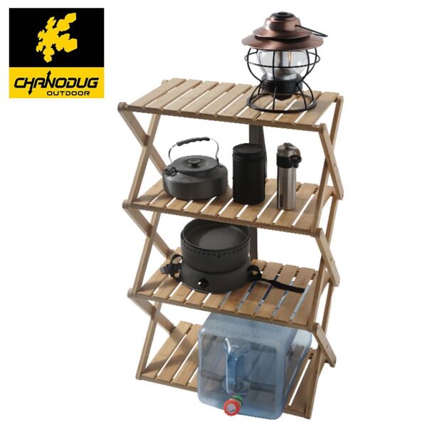 ★CHANODUG OUTDOOR★オープンバンブー4段ラック★ウッドラック★アウトドア木製ラック★フォールディングバンブーラック