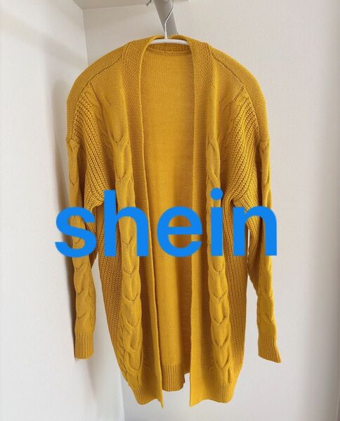 shein ニット ケーブルニット レディース 長袖 黄色 カーディガン