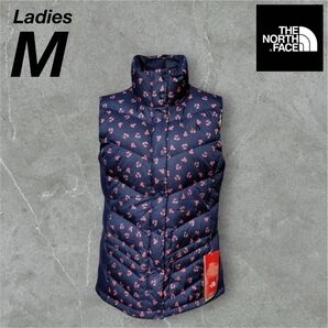 158 新品 ノースフェイス ダウンベスト レディース M 花柄 ネイビー