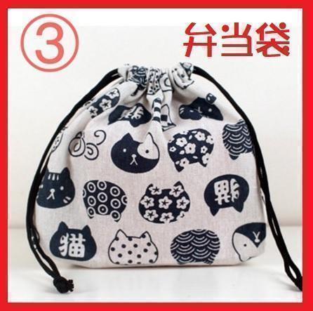 ③ 新品 お弁当袋 猫柄 弁当バッグ 巾着 ランチバック 曲げわっぱ