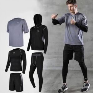 ☆新品☆ コンプレッションウェア5点セット XLサイズ ランニングウェア トレーニングウェア 姿勢矯正 吸汗速乾