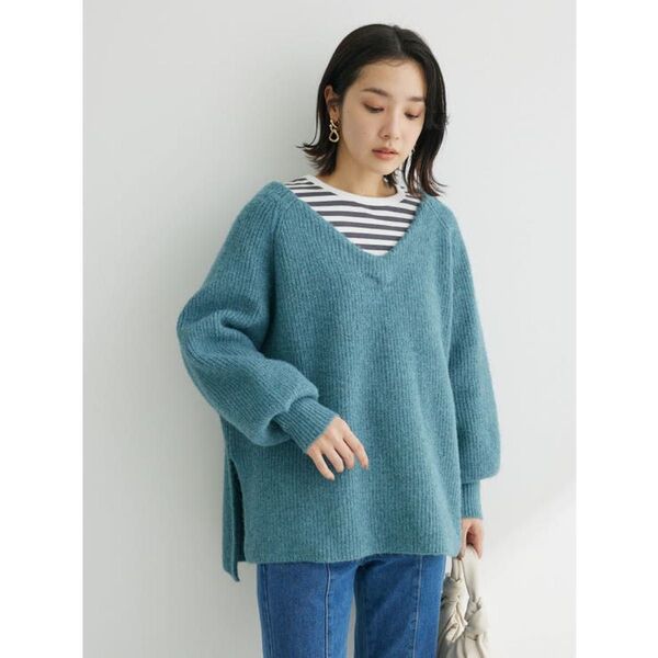 【プチフルール】Petit Fleur 両Vネックニットチュニック こなれ感 肌見せ ブルー系 F